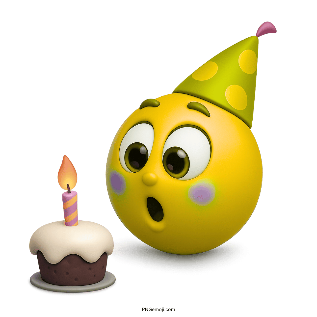 3D yellow birthday emoji with green party hat, cake, and lit candle