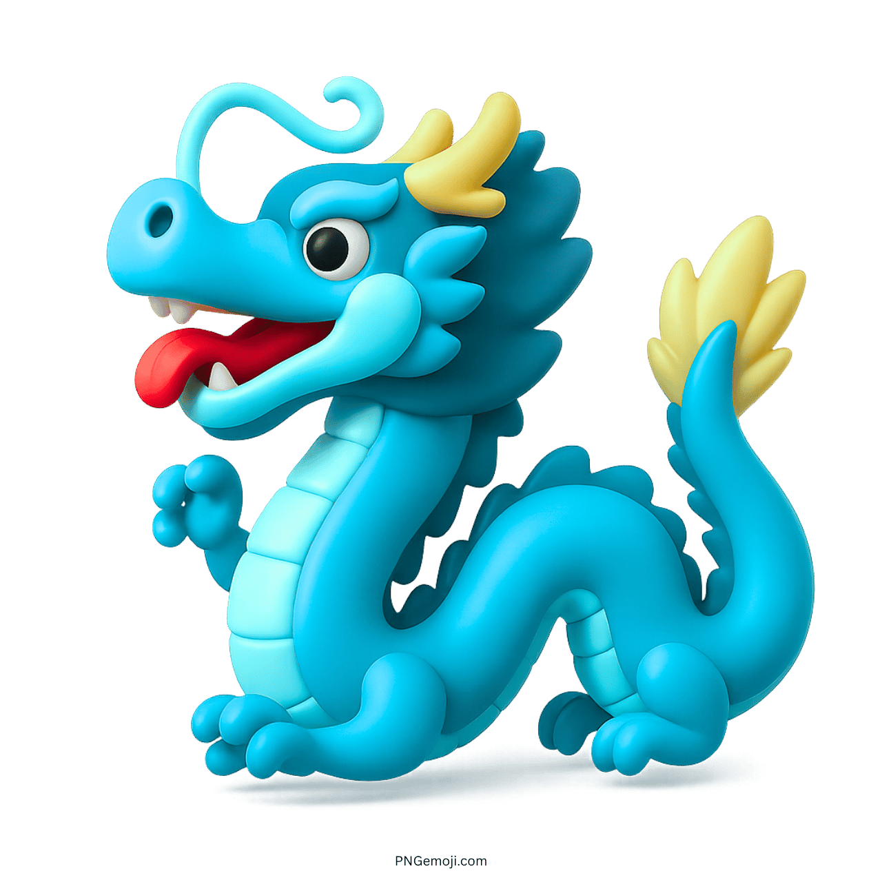 Aqua blue 3D dragon emoji with yellow horns and red tongue in cartoon style