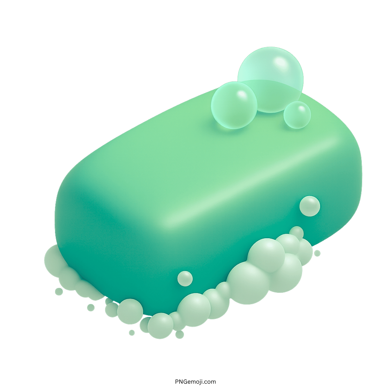 3D aqua green soap bar emoji with bubbles and foam on transparent background