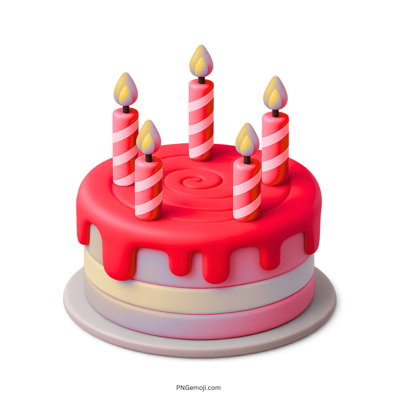 3D birthday cake emoji with red icing and striped candles for celebration.