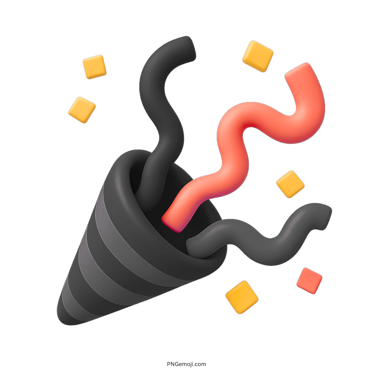 3D black confetti party emoji with red streamers and yellow cubes on transparent background