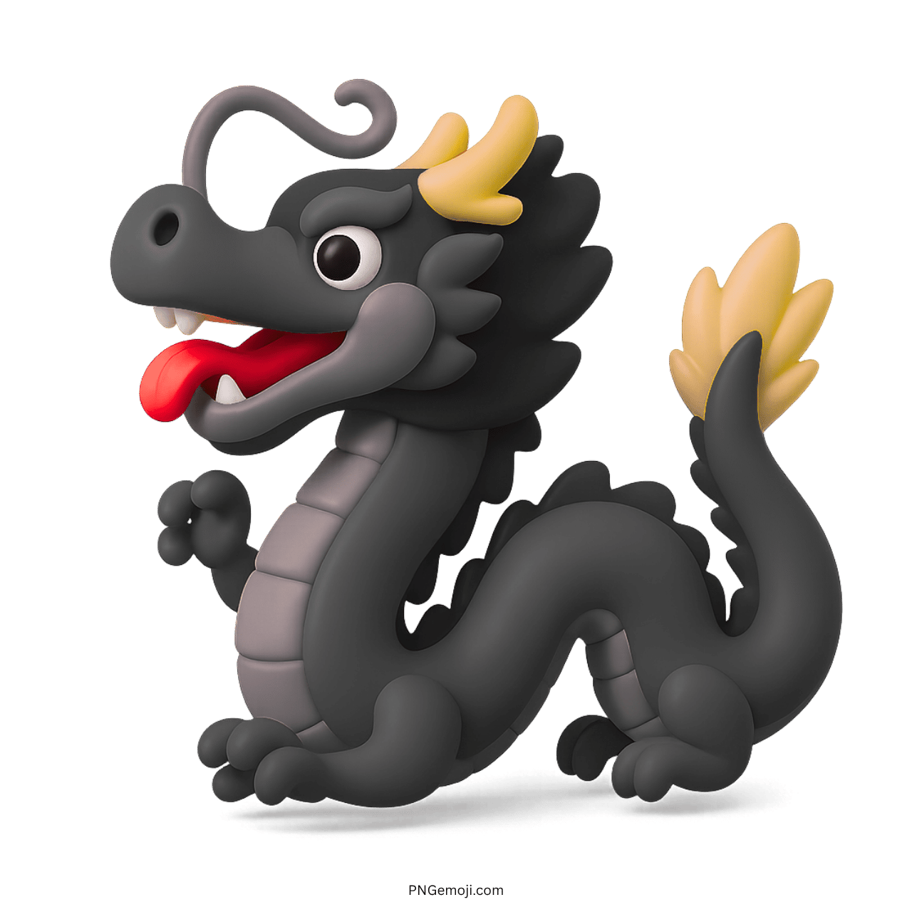 3D black cartoon dragon emoji with red tongue and golden yellow horns