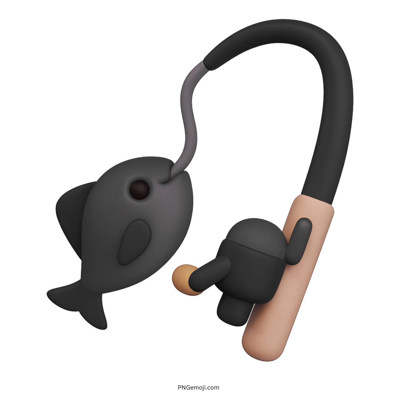 3D black fishing pole emoji with hooked fish illustration