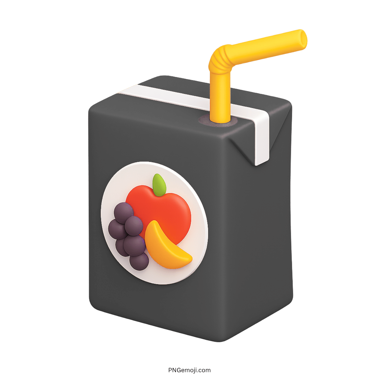 3D black juice box emoji with yellow straw and colorful fruit label