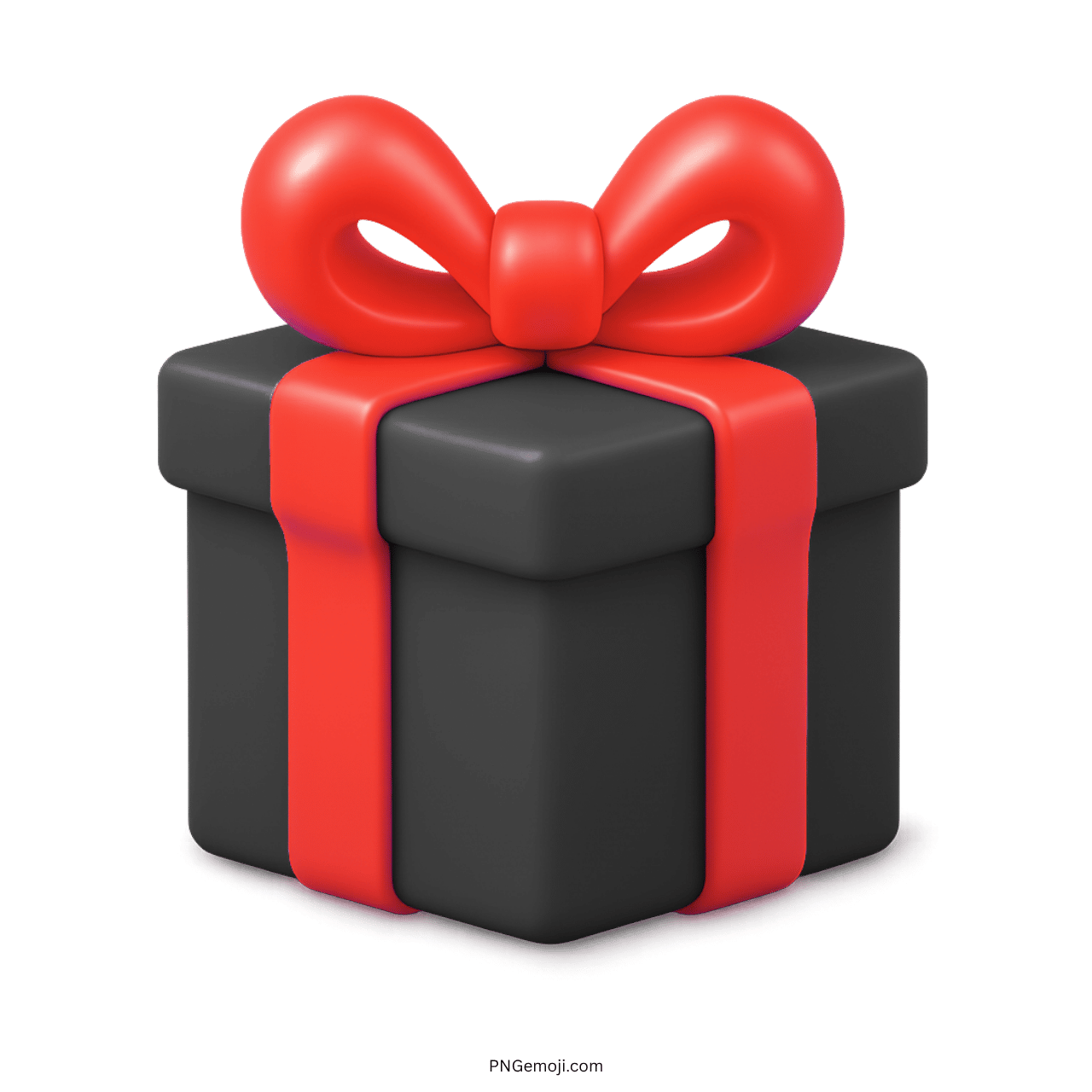 3D black gift emoji box with red ribbon bow on transparent background