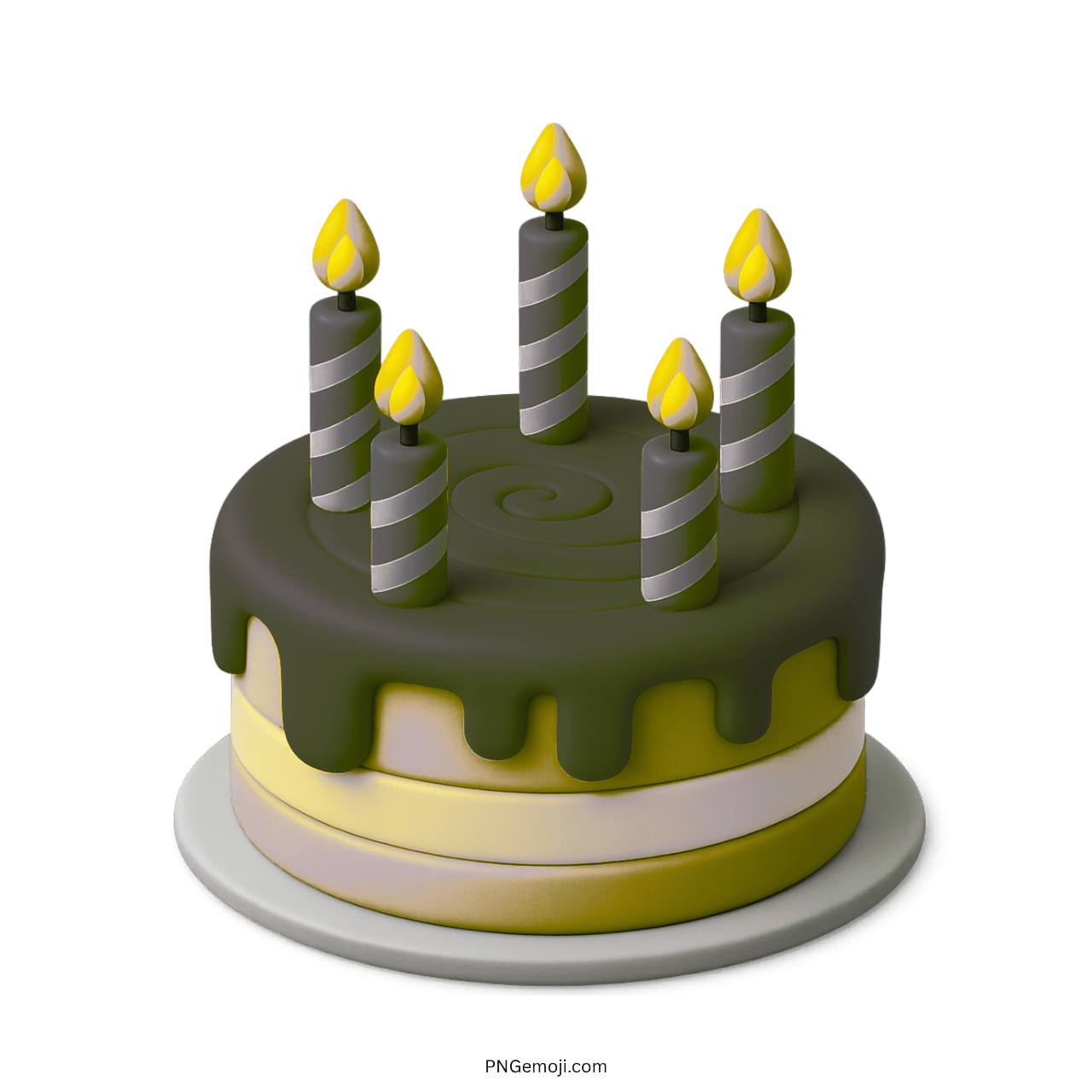 3D black and gold birthday cake emoji with striped candles and transparent background