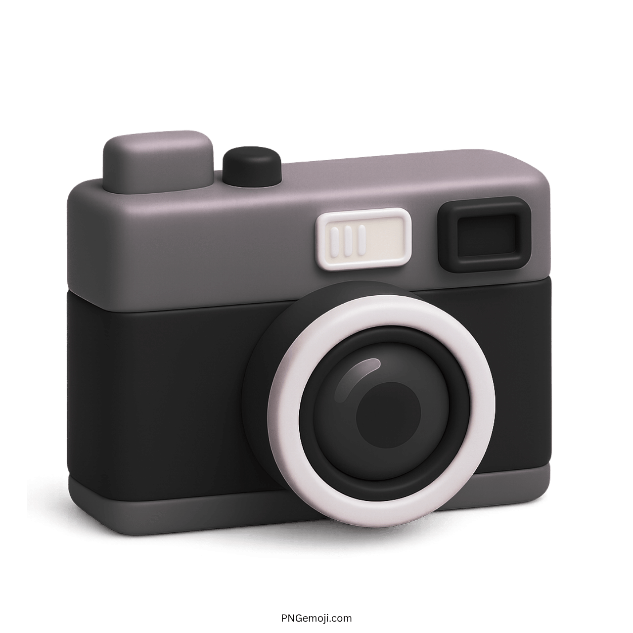 3D black and grey camera emoji icon with lens and buttons on transparent background