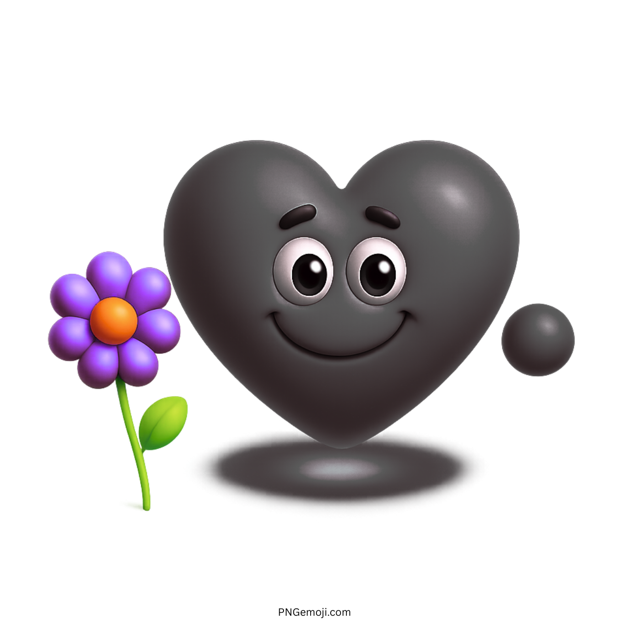 3D black heart emoji smiling with a cute purple flower and transparent background
