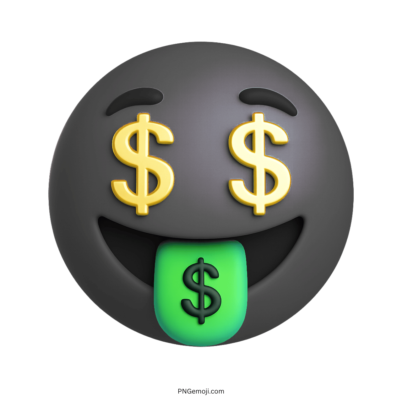 3D black money-mouth emoji with gold dollar eyes and green dollar tongue