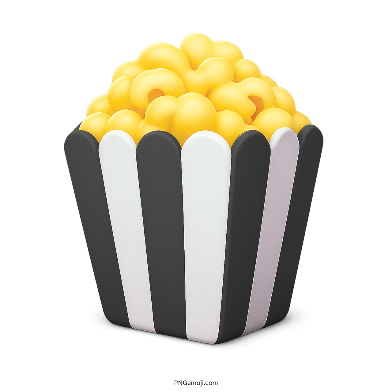 3D black and white striped popcorn bucket emoji with yellow popcorn on transparent background
