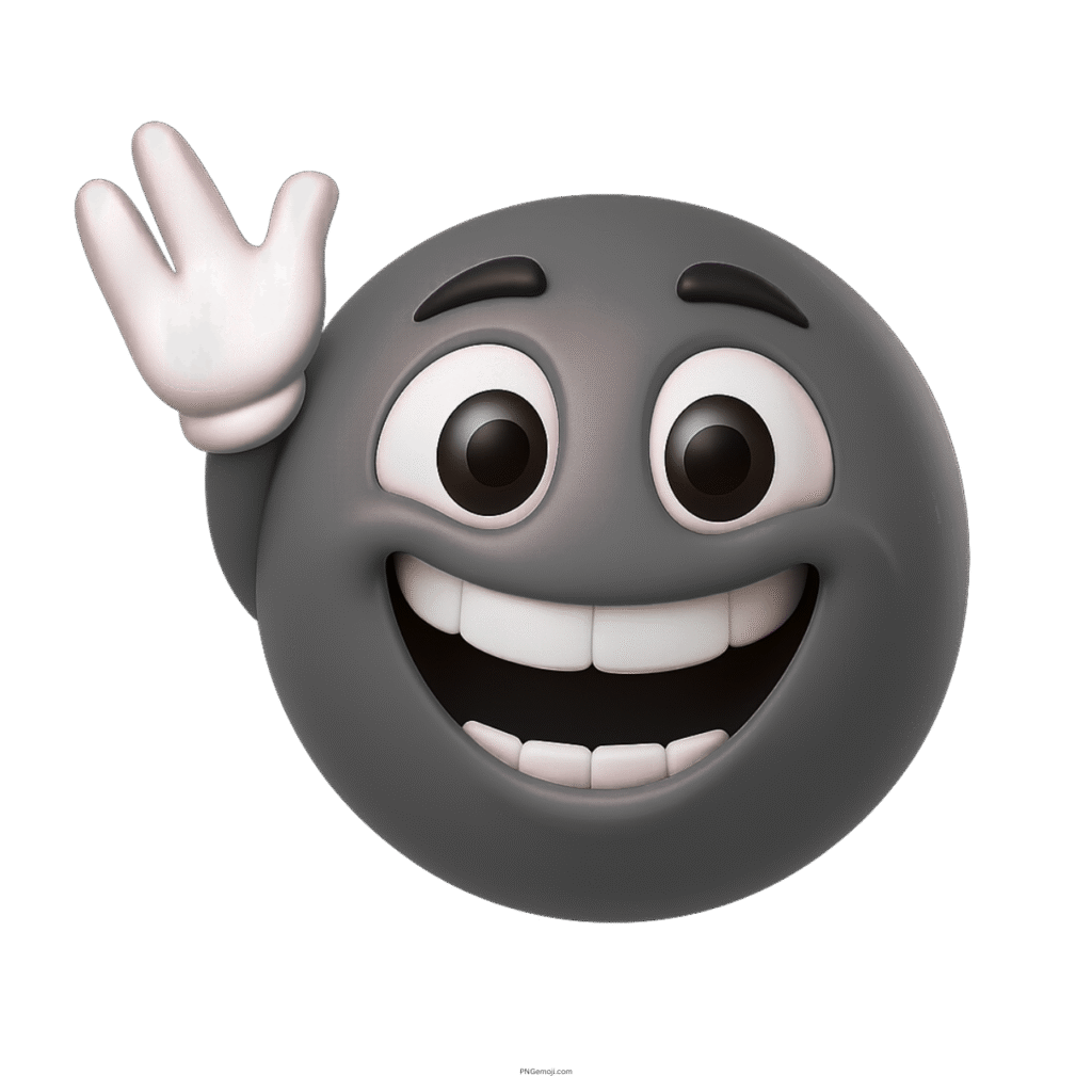 3D black smiling emoji waving hello with big eyes and cheerful face expression