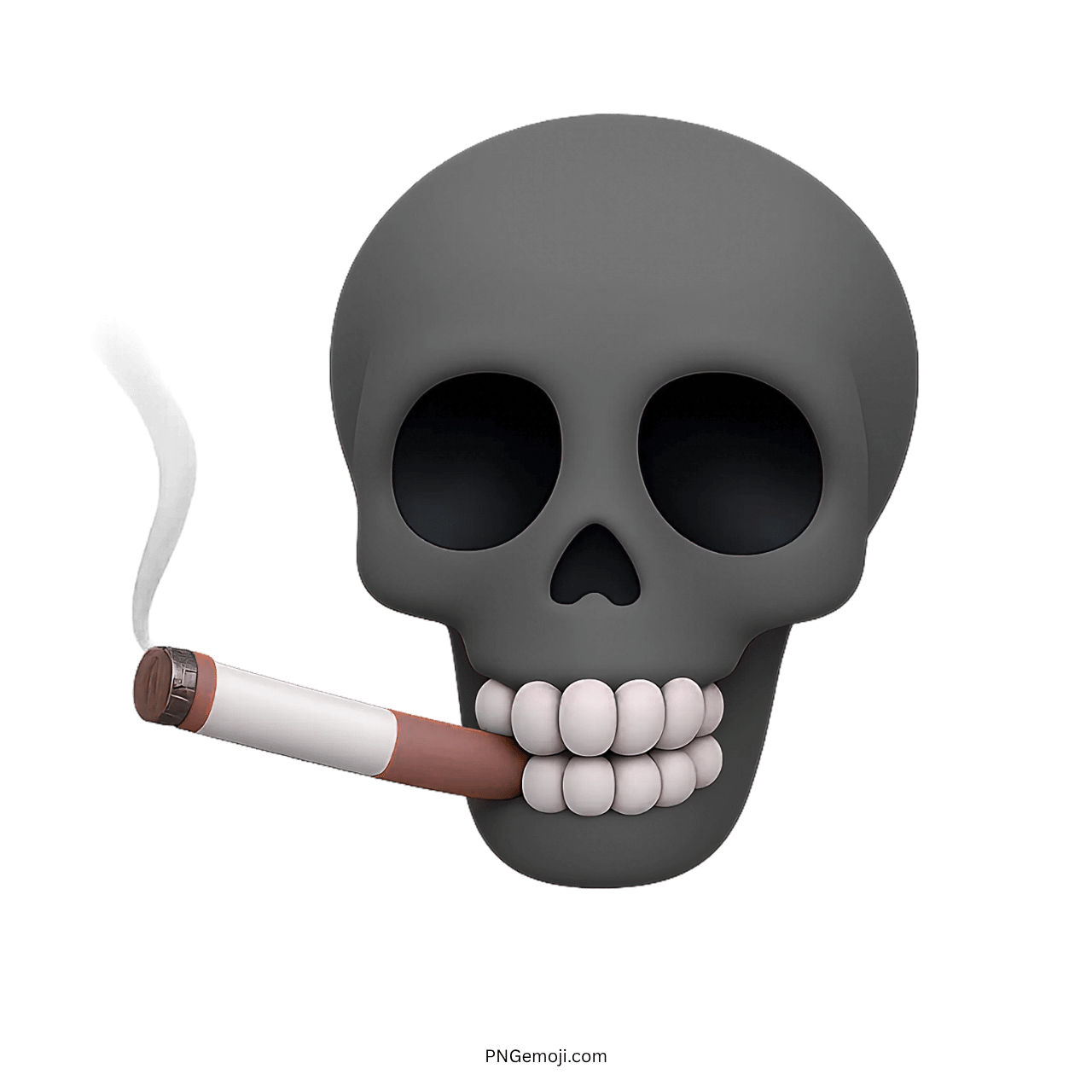 3D black skull emoji with smoking cigarette, dark eye sockets, and white teeth