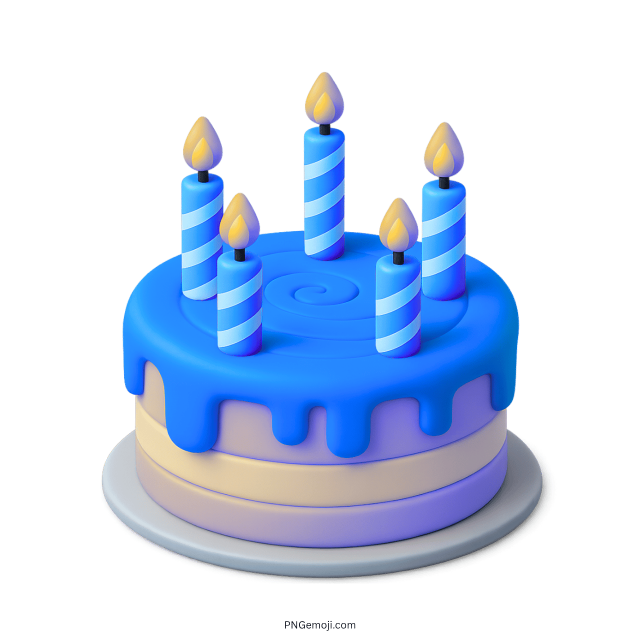 3D blue birthday cake emoji with striped candles and transparent PNG background