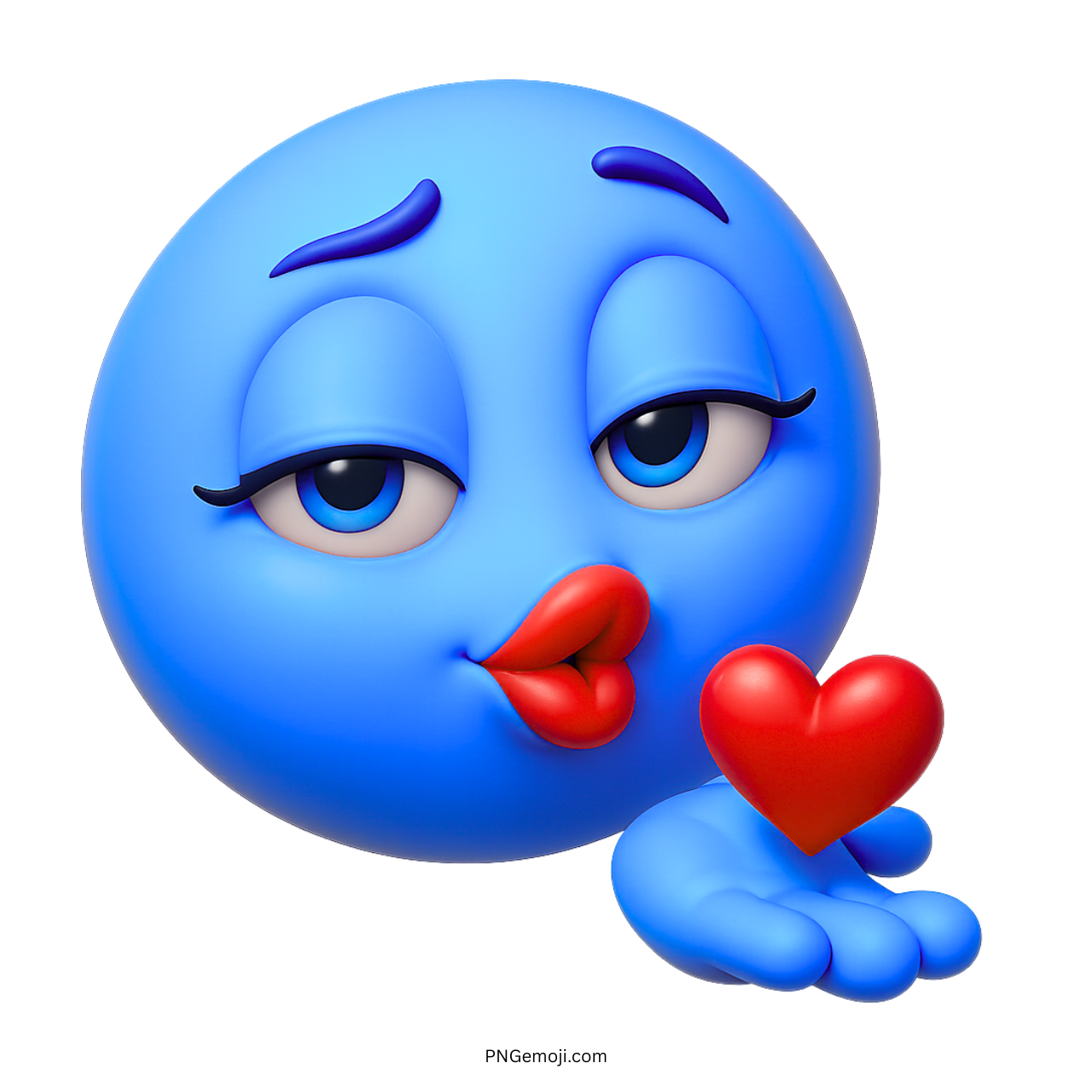 3D blue emoji blowing kiss with heart, love expression on transparent background