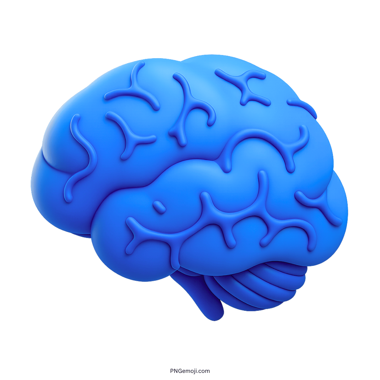 3D blue brain emoji with neural pattern on transparent background in clipart style