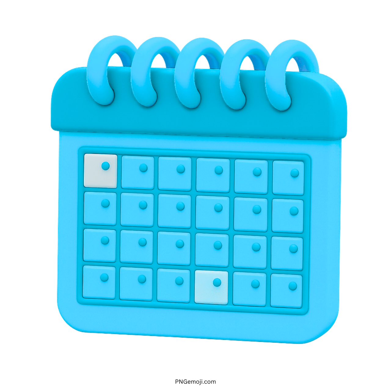 3D blue calendar emoji with spiral binding and dotted date blocks