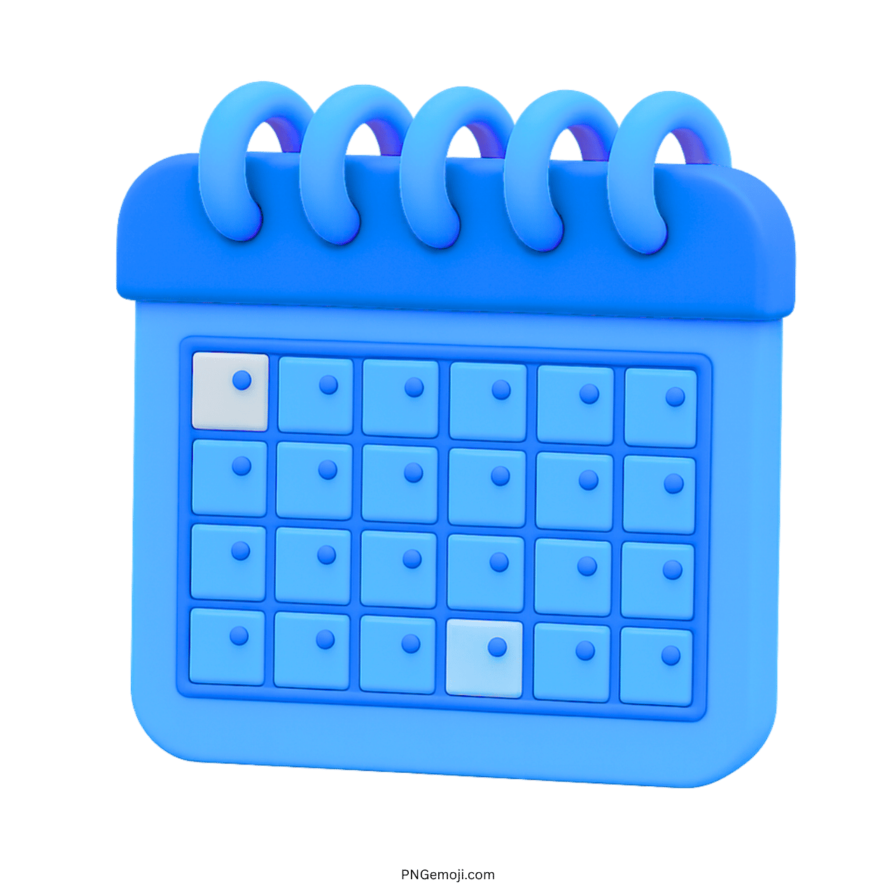 3D blue calendar emoji icon with dotted date blocks and spiral binder