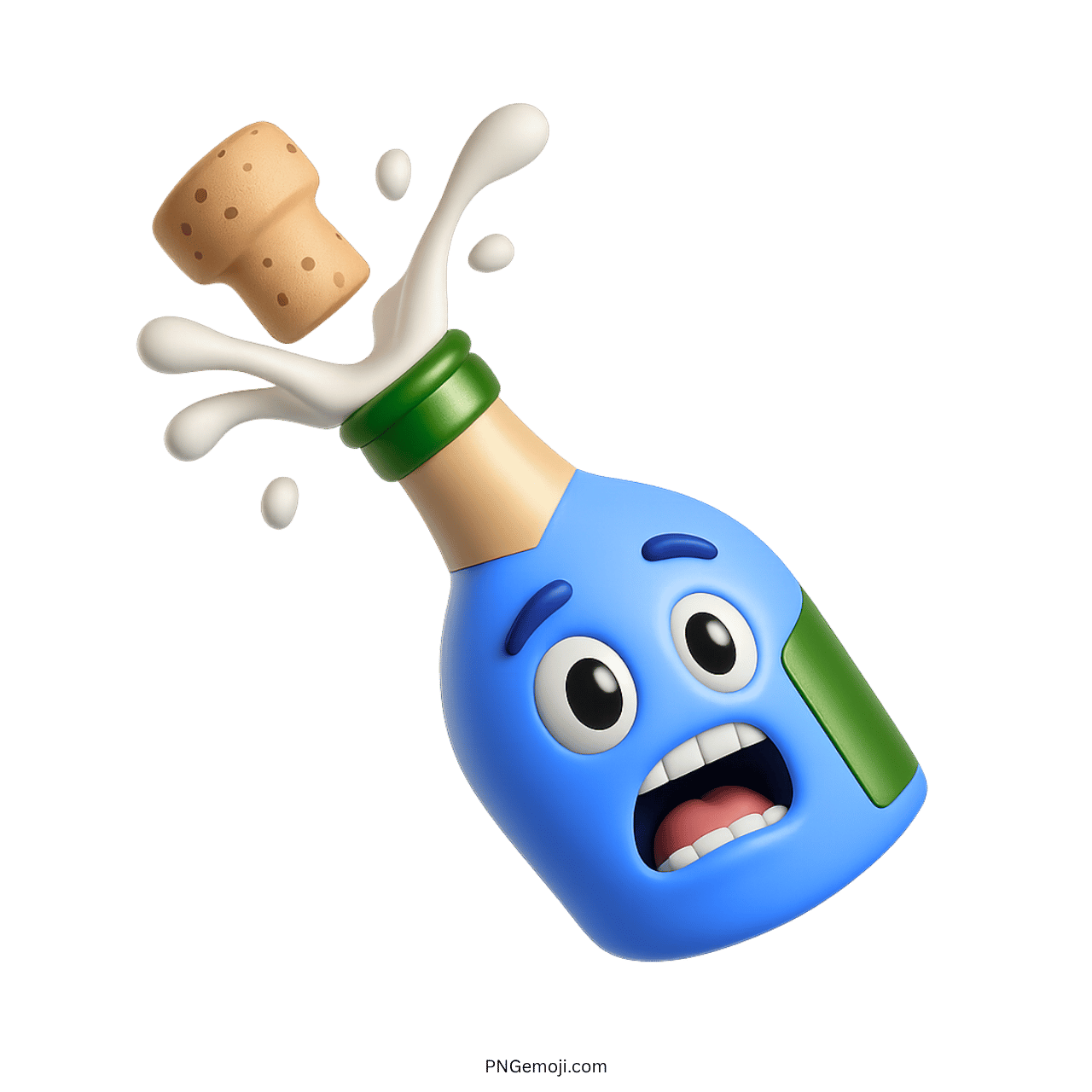 3D blue champagne bottle emoji with surprised face and popping cork splash