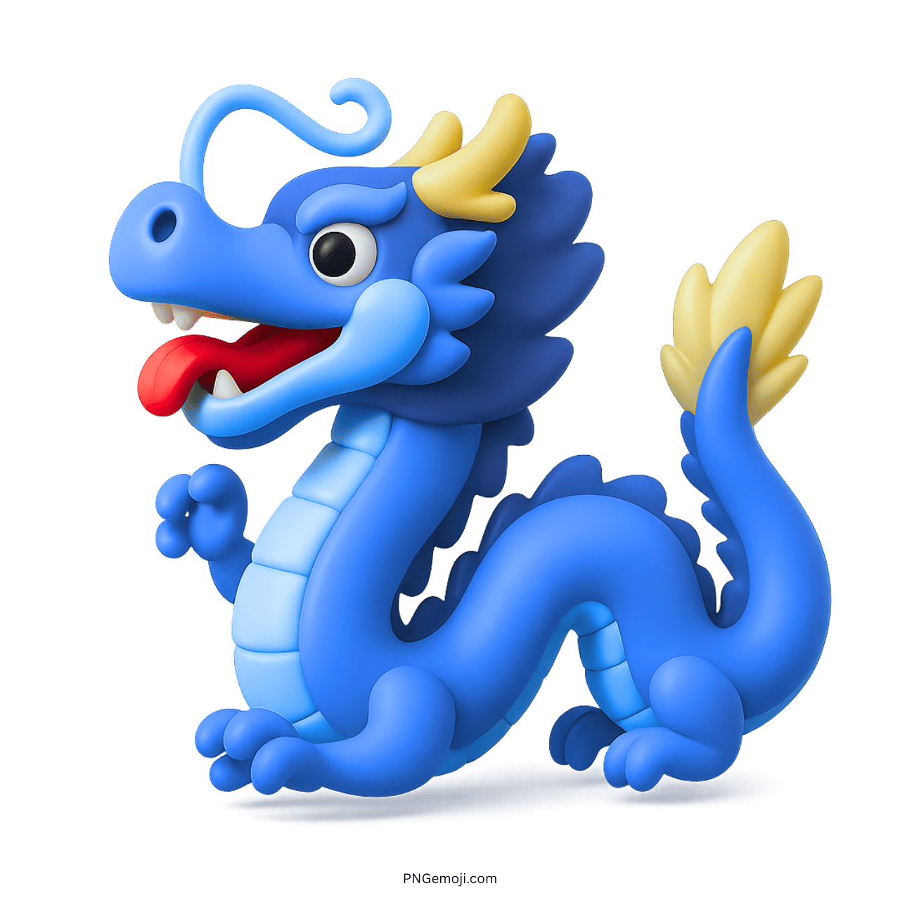3D blue cartoon dragon emoji with playful look and yellow horns