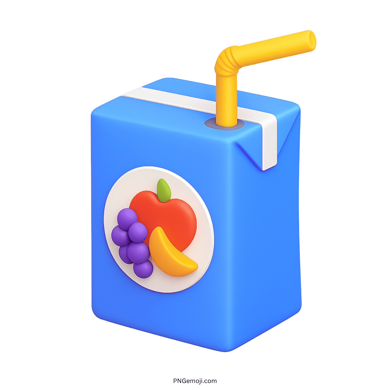 3D blue juice box emoji with yellow straw and fruit label design