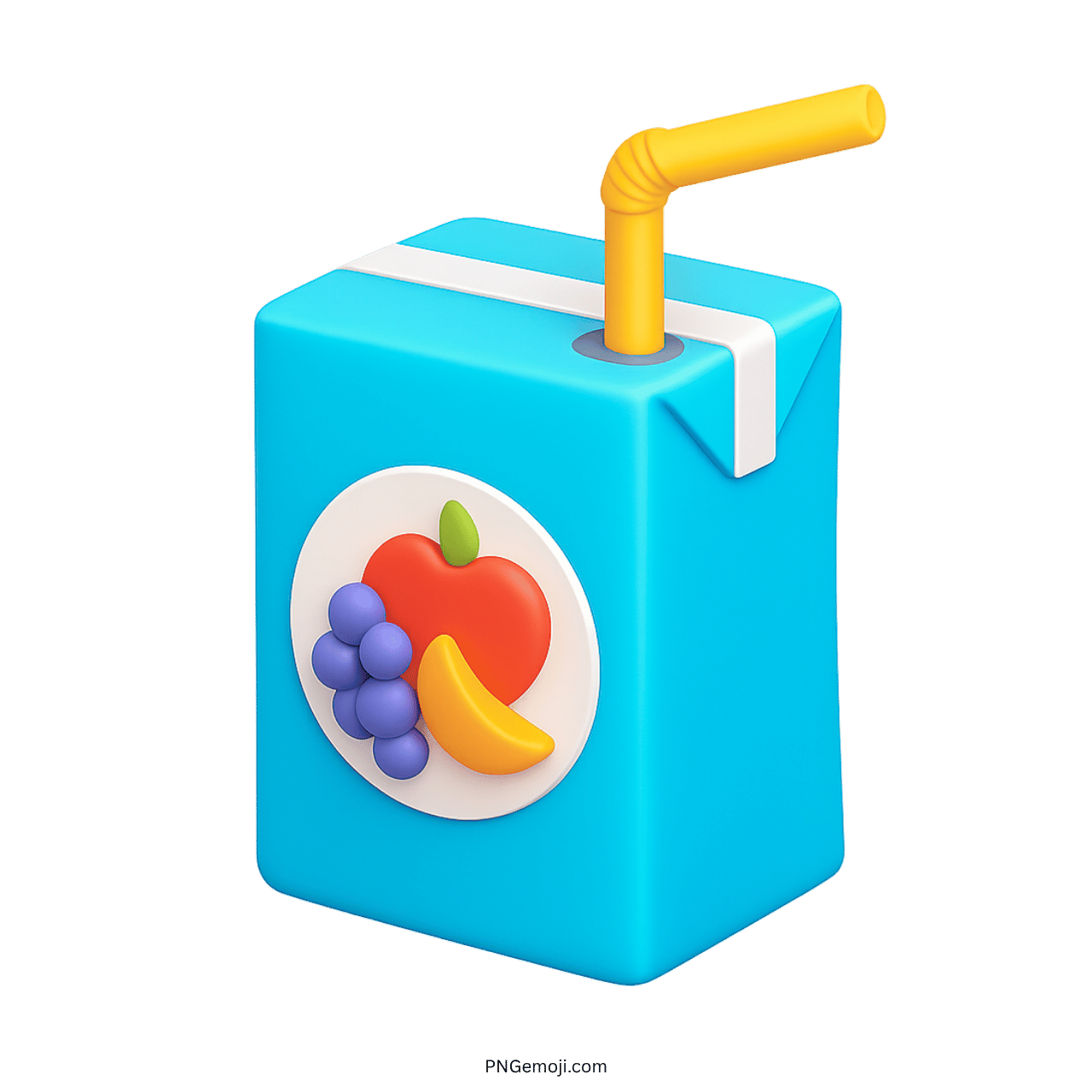 Blue 3D juice box emoji with fruit label and yellow drinking straw