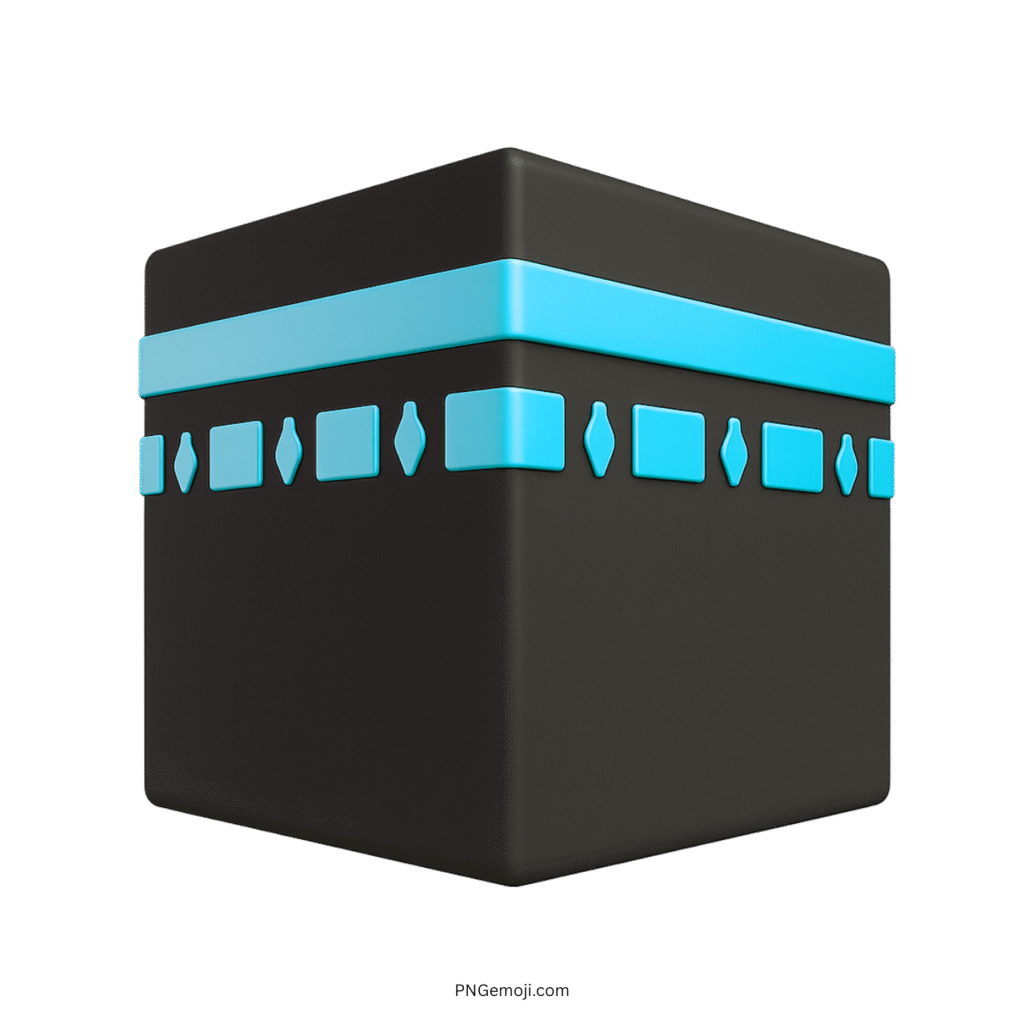 3D Kaaba emoji with blue band and accents, black cube Islamic clipart PNG