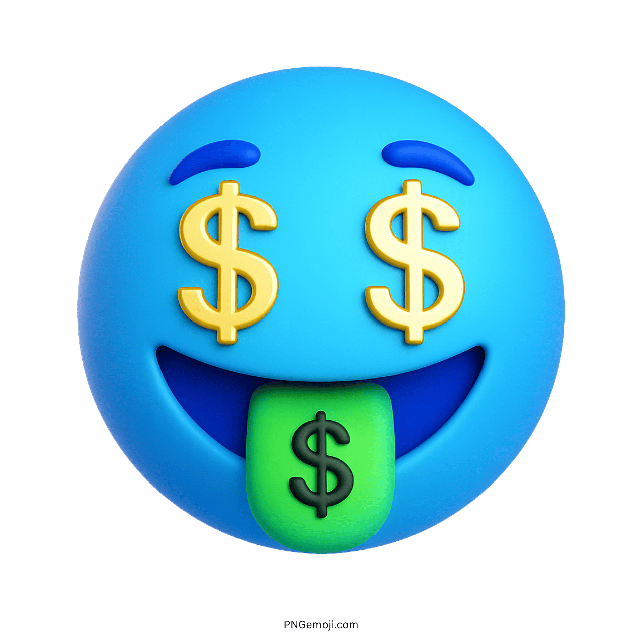 3D blue money-mouth face emoji with dollar eyes and green dollar tongue