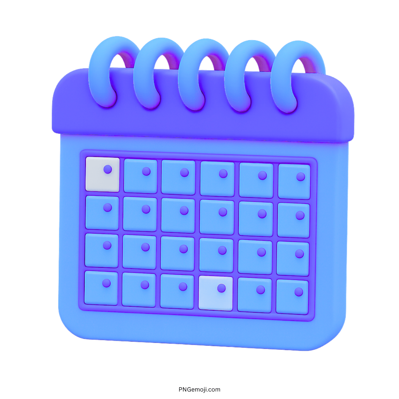 3D calendar emoji in blue and purple with spiral rings and marked dates