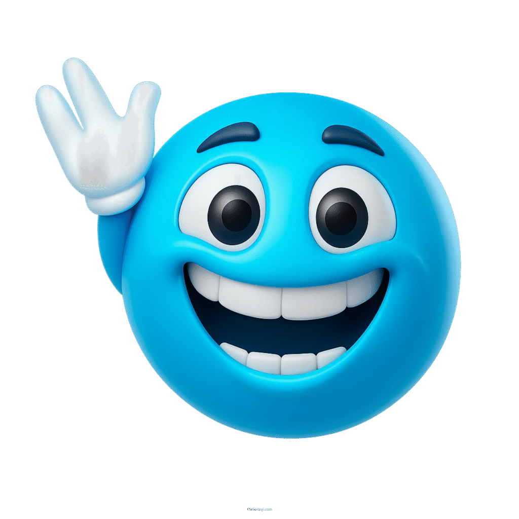 3D blue smiley emoji waving hand with big eyes and cheerful expression