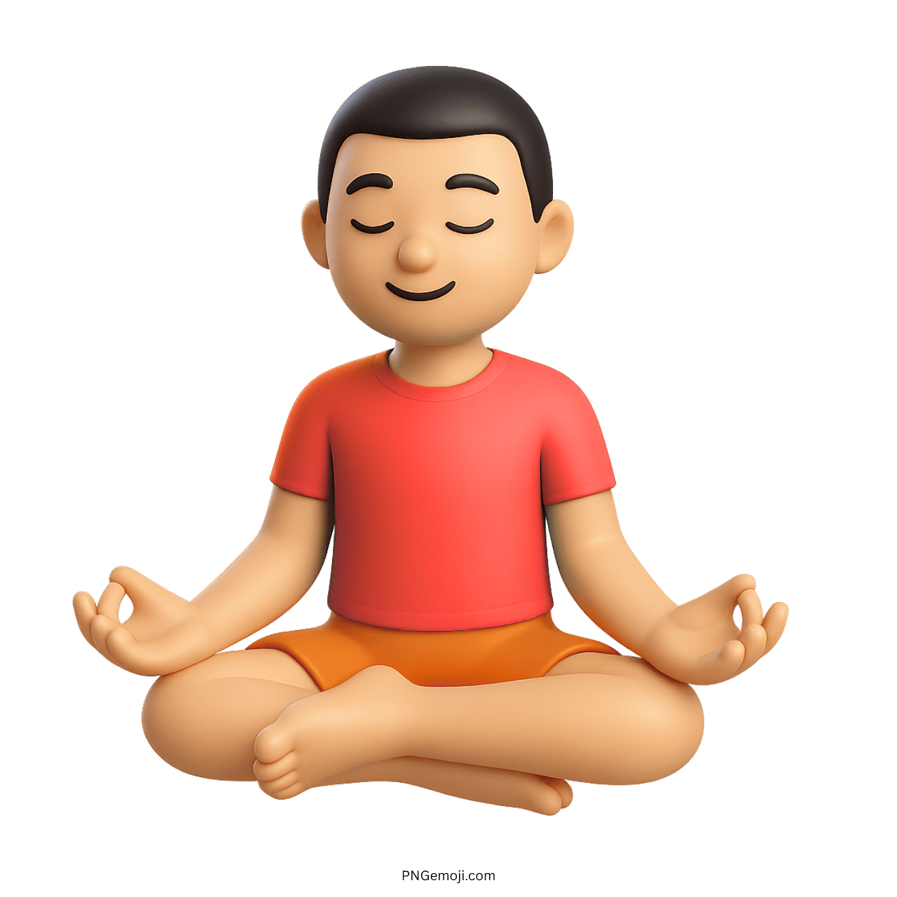 3D cartoon emoji of person meditating in lotus pose wearing red shirt
