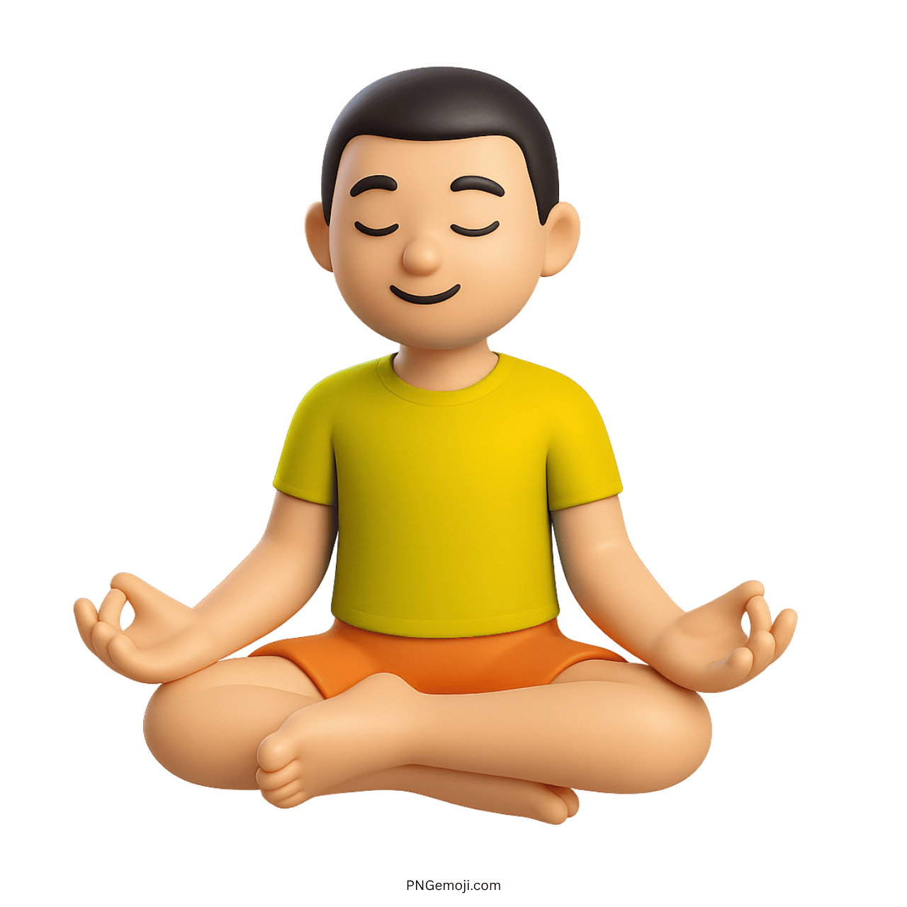 3D person meditating in lotus pose wearing yellow shirt and orange shorts