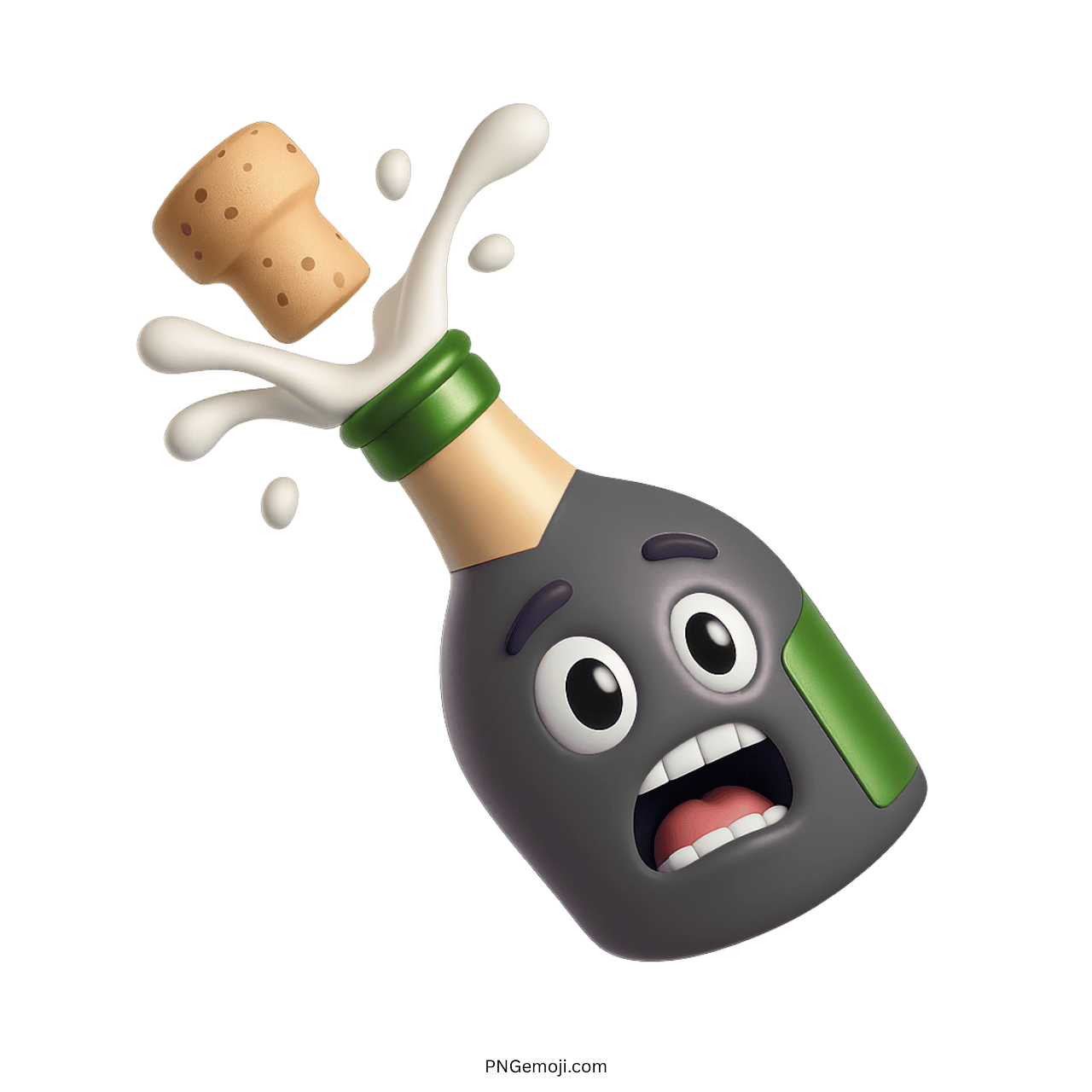 3D cartoon champagne bottle emoji popping with splash and surprised expression