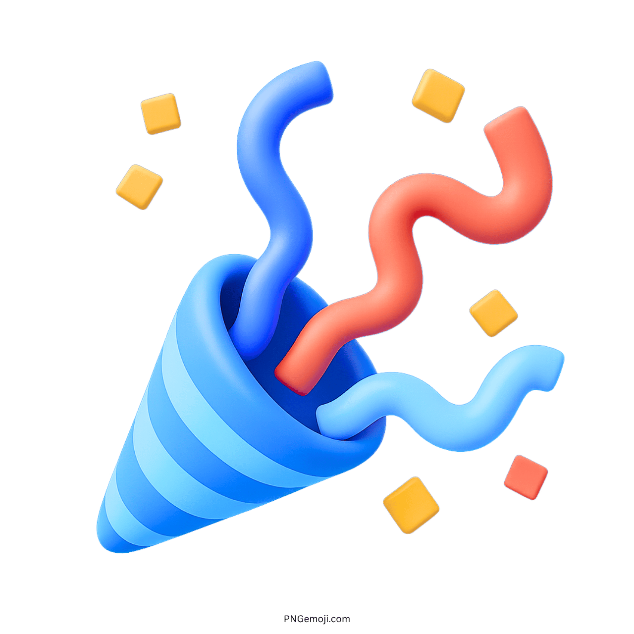 3D colorful confetti emoji with blue party popper and festive streamers on transparent background