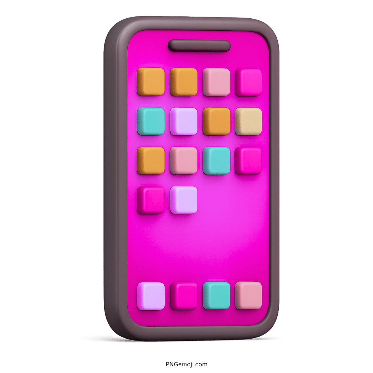 3D smartphone emoji with colorful square app icons on a vibrant pink screen