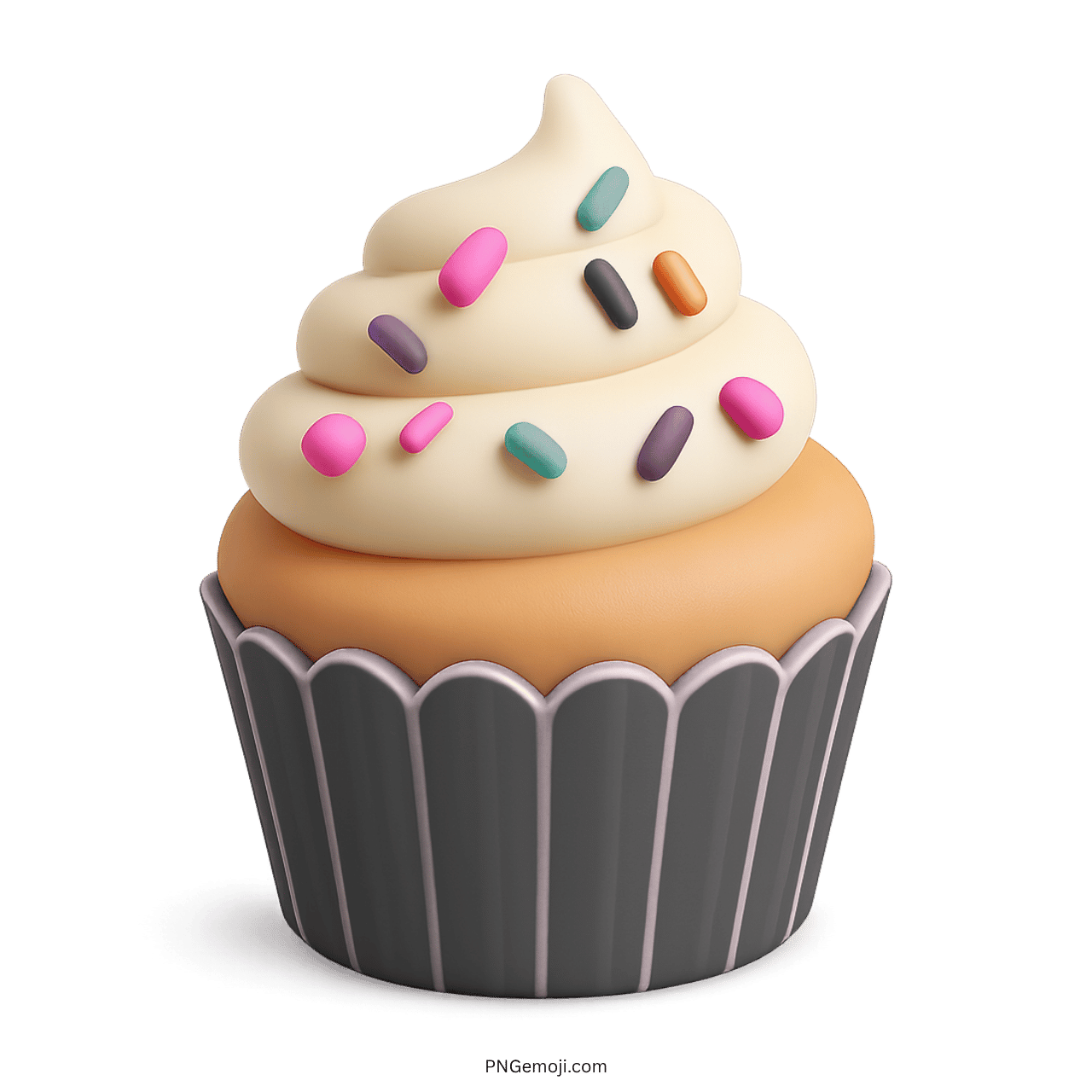 3D cupcake emoji with dark grey wrapper and bright rainbow sprinkles topping