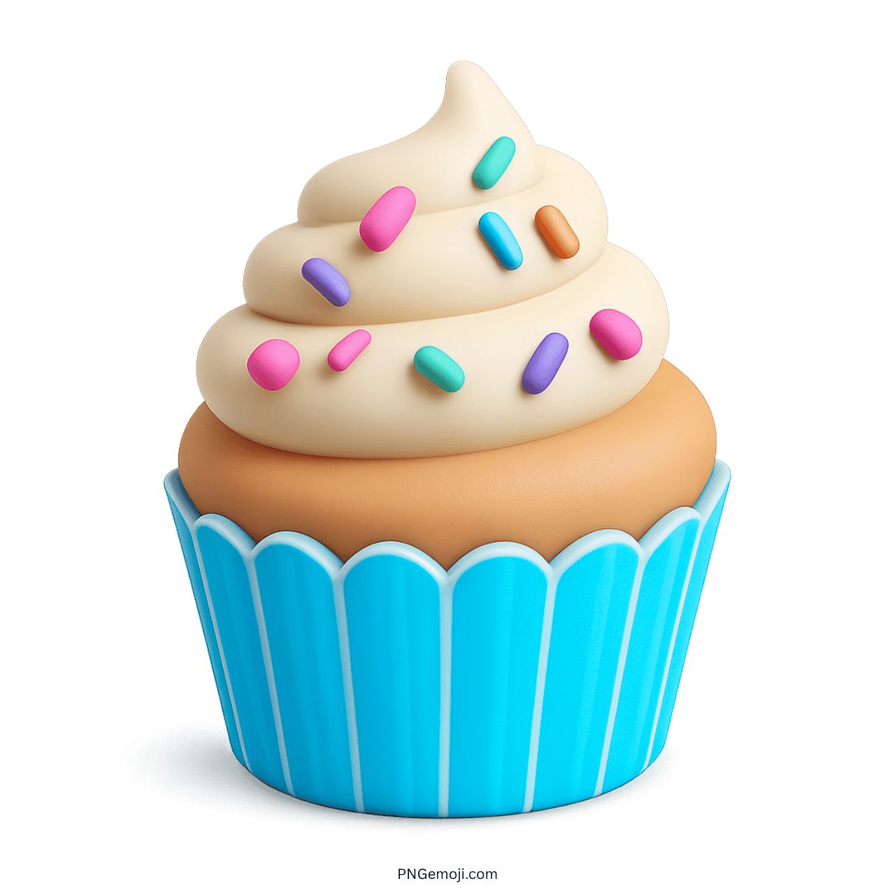 3D cupcake emoji with blue wrapper, creamy frosting, and vibrant rainbow sprinkles