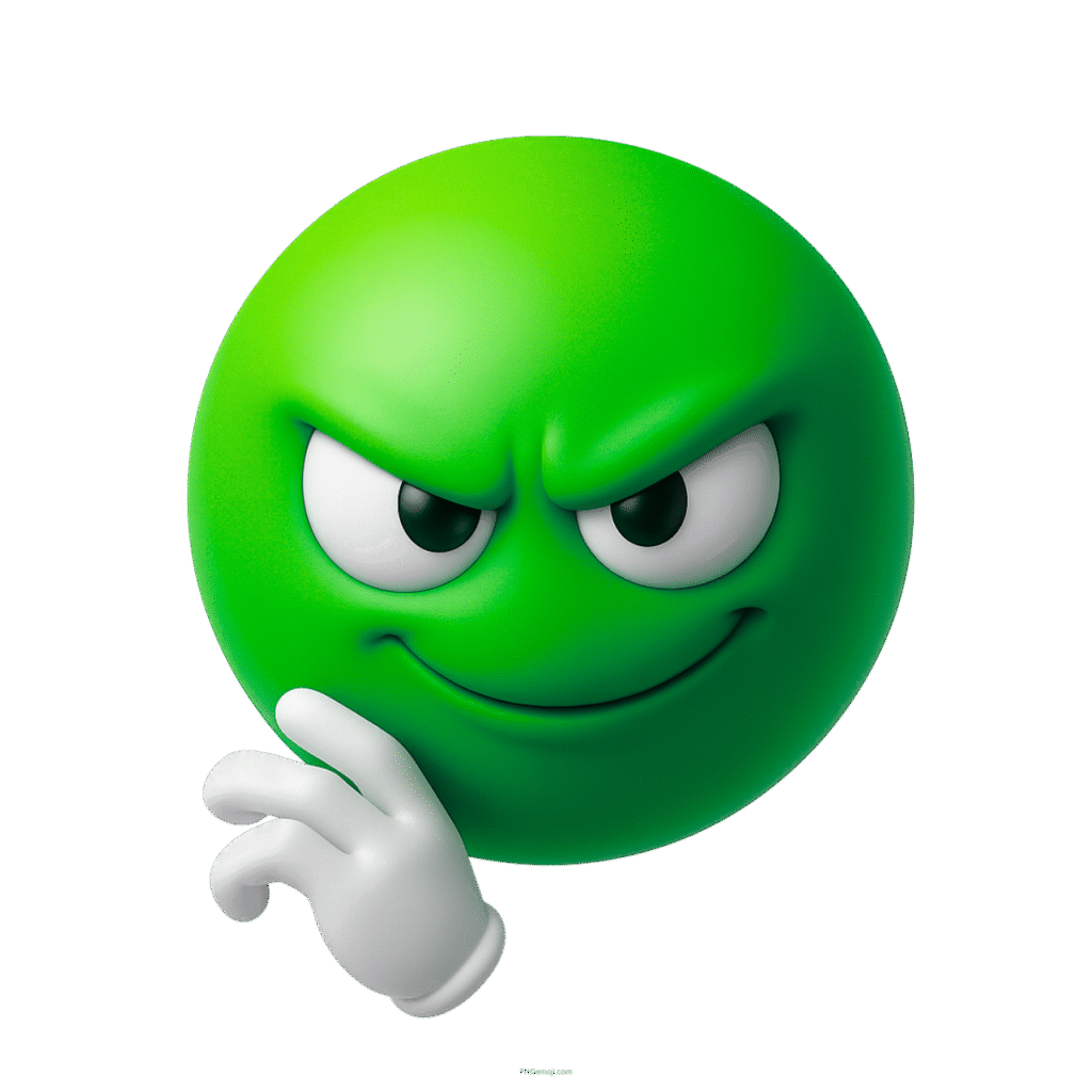 3D devious green emoji with sly smile and mischievous expression on transparent background