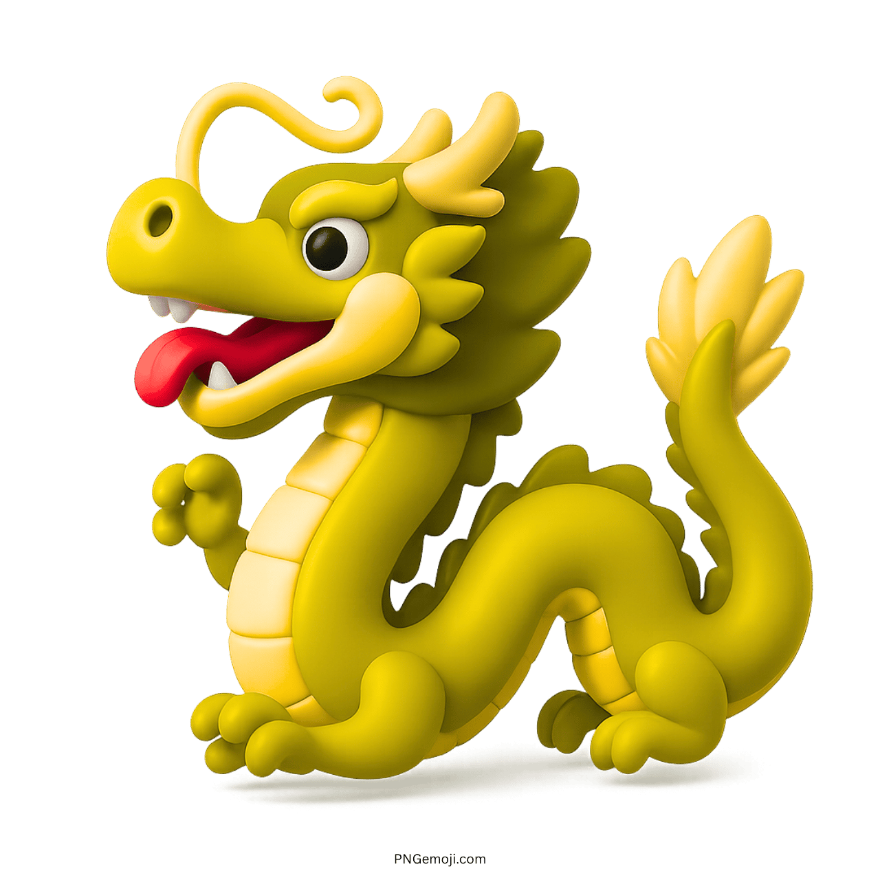 Golden yellow 3D cartoon dragon emoji with playful red tongue and cute eyes