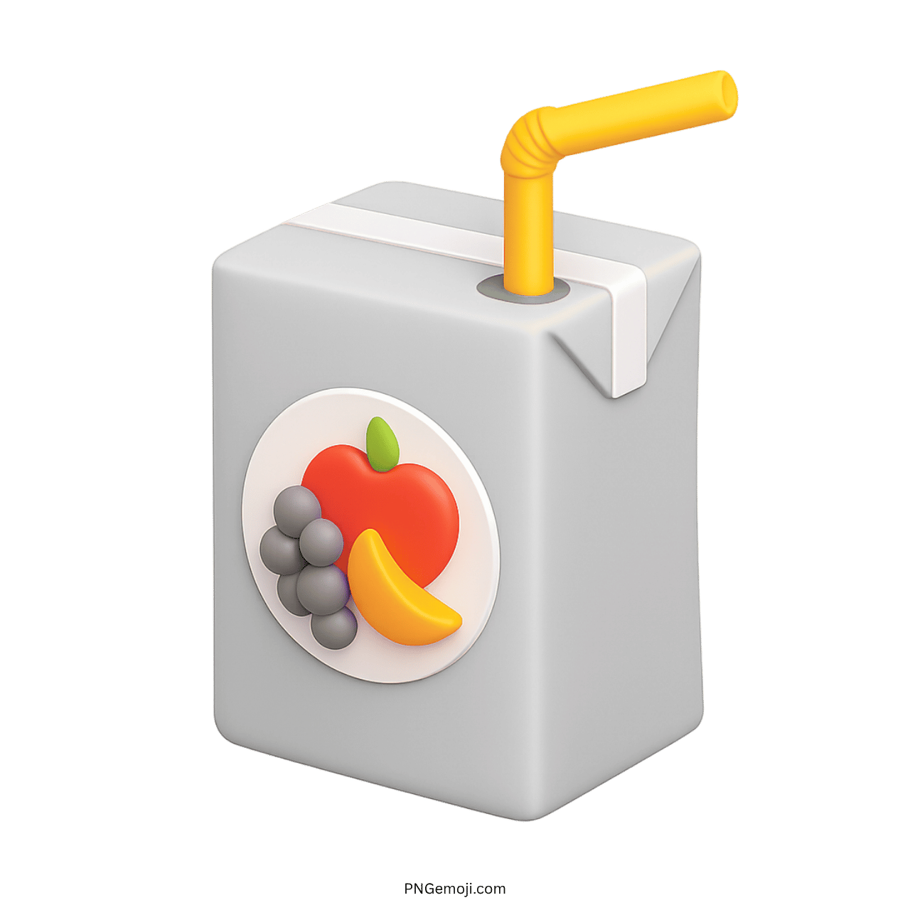 Gray 3D juice box emoji with fruit icon and yellow bendy straw