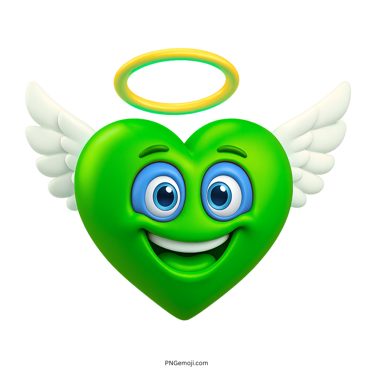 3D green angel heart emoji with white wings, blue eyes, and golden halo