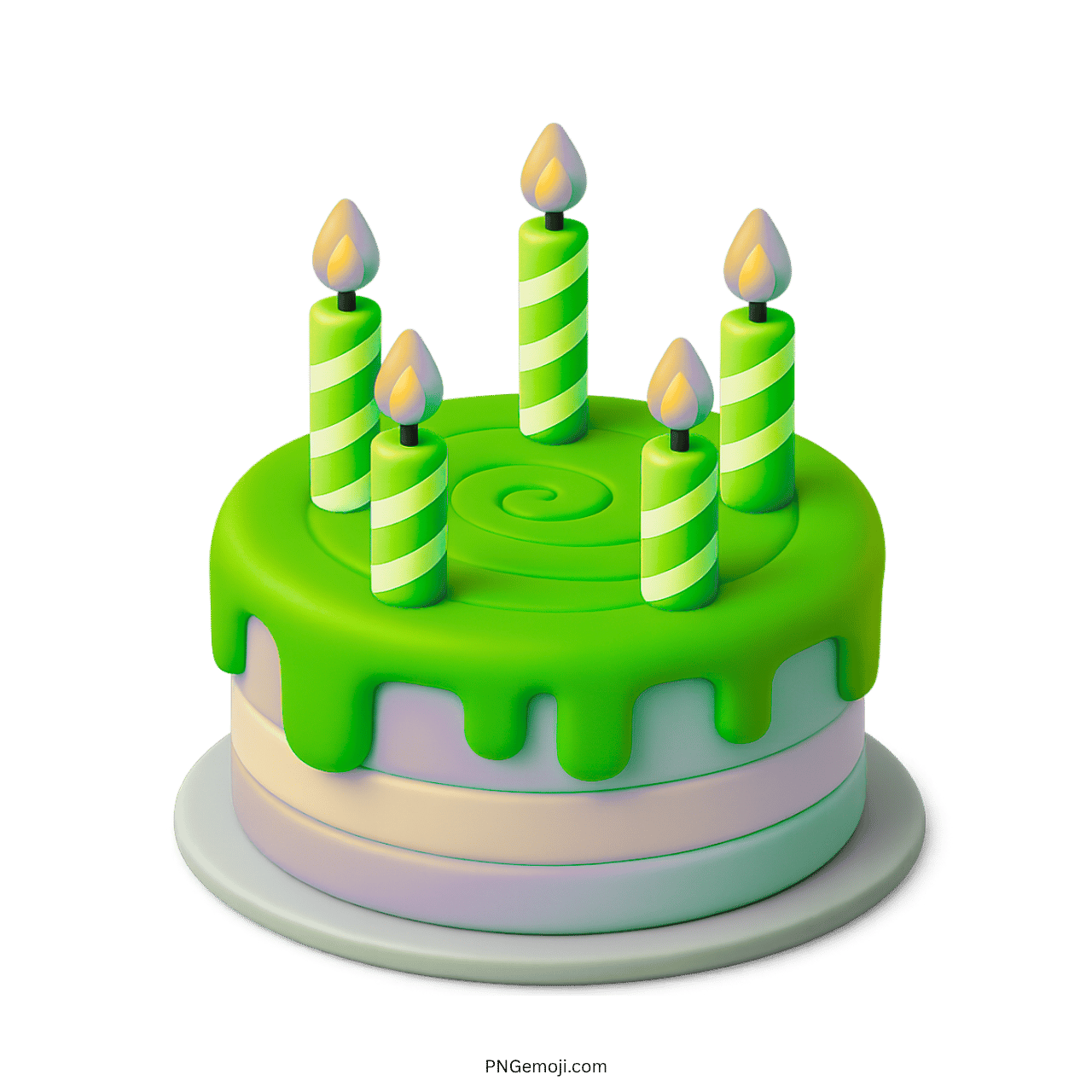 3D green birthday cake emoji with swirl top and striped candles PNG
