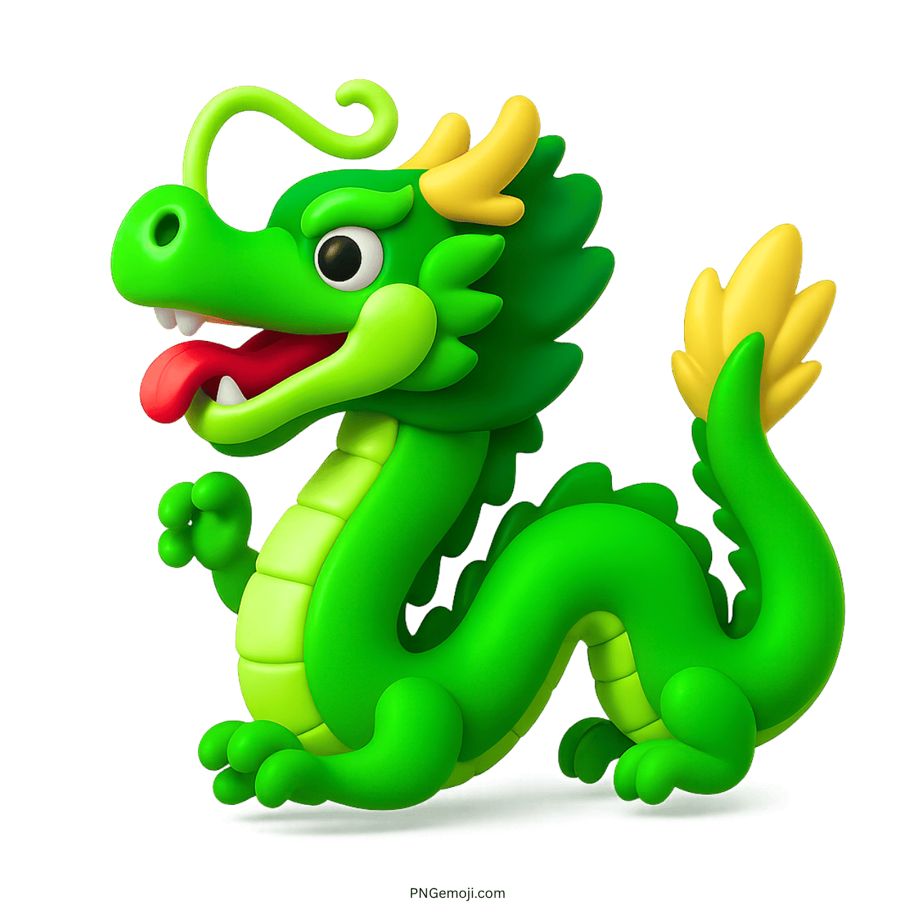 Green 3D cartoon dragon emoji with yellow horns, red tongue, and big eyes
