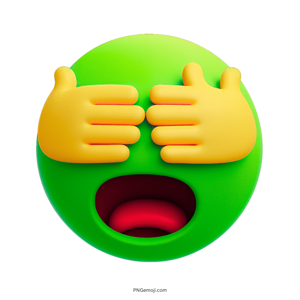 3D green emoji covering eyes with yellow hands showing shock or awkwardness emotion
