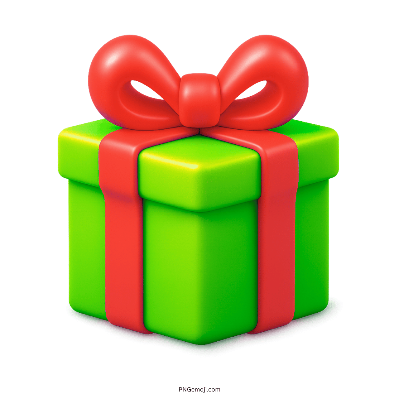 3D green gift emoji box with red ribbon bow on transparent background