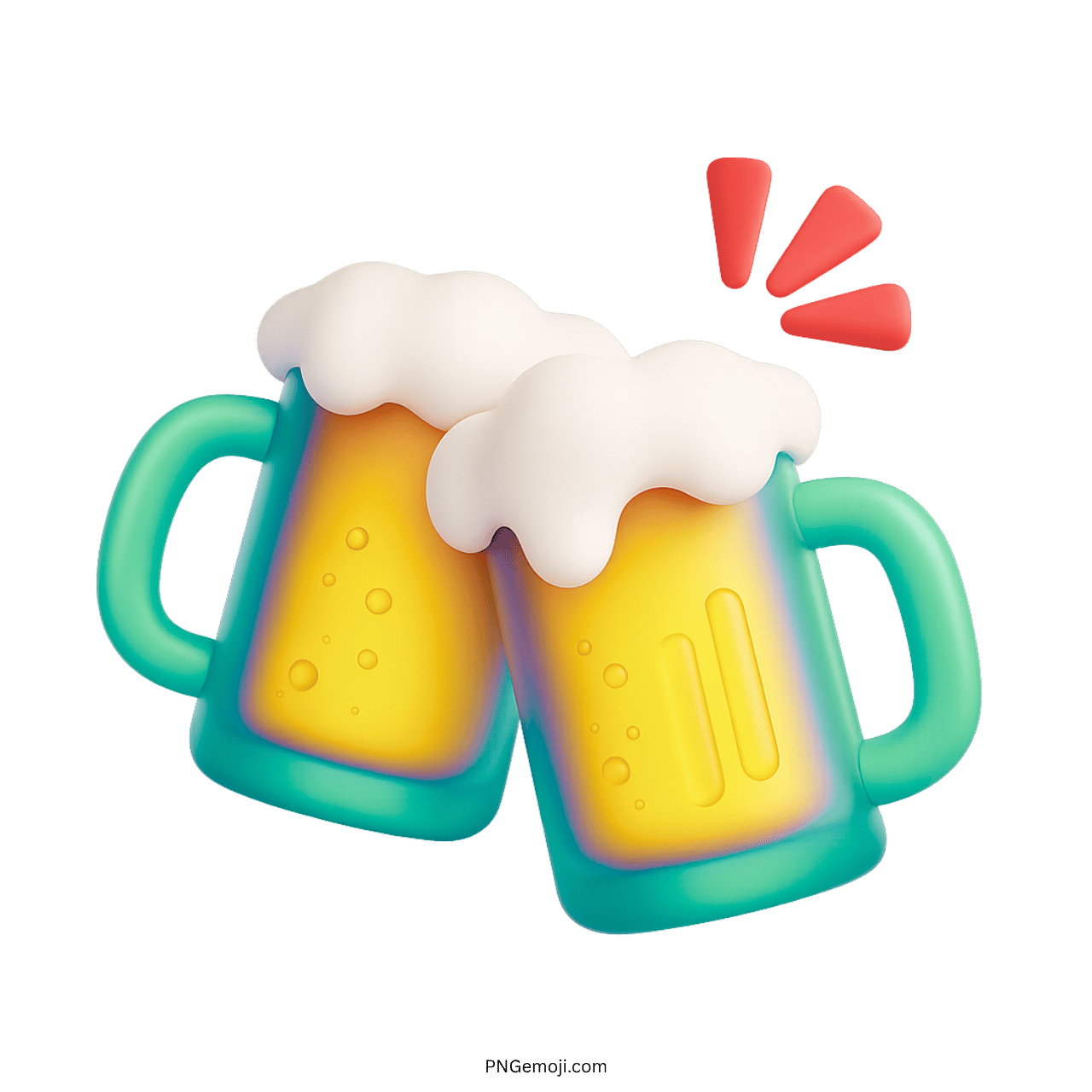 3D emoji with two green-handled beer mugs clinking in celebration