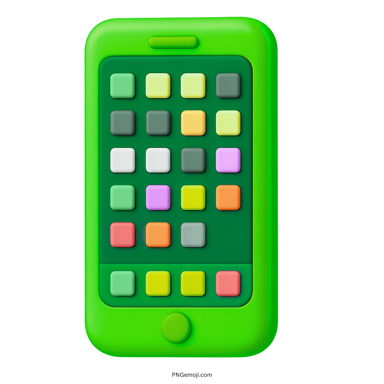 3D green mobile phone emoji with colorful square app icons on screen