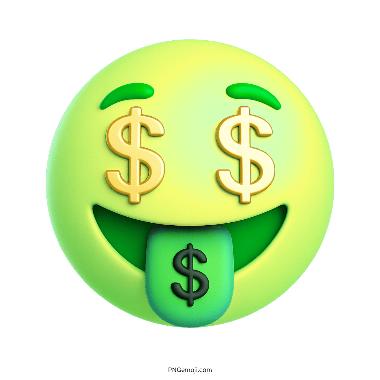 3D green emoji with dollar eyes and green dollar sign tongue expression