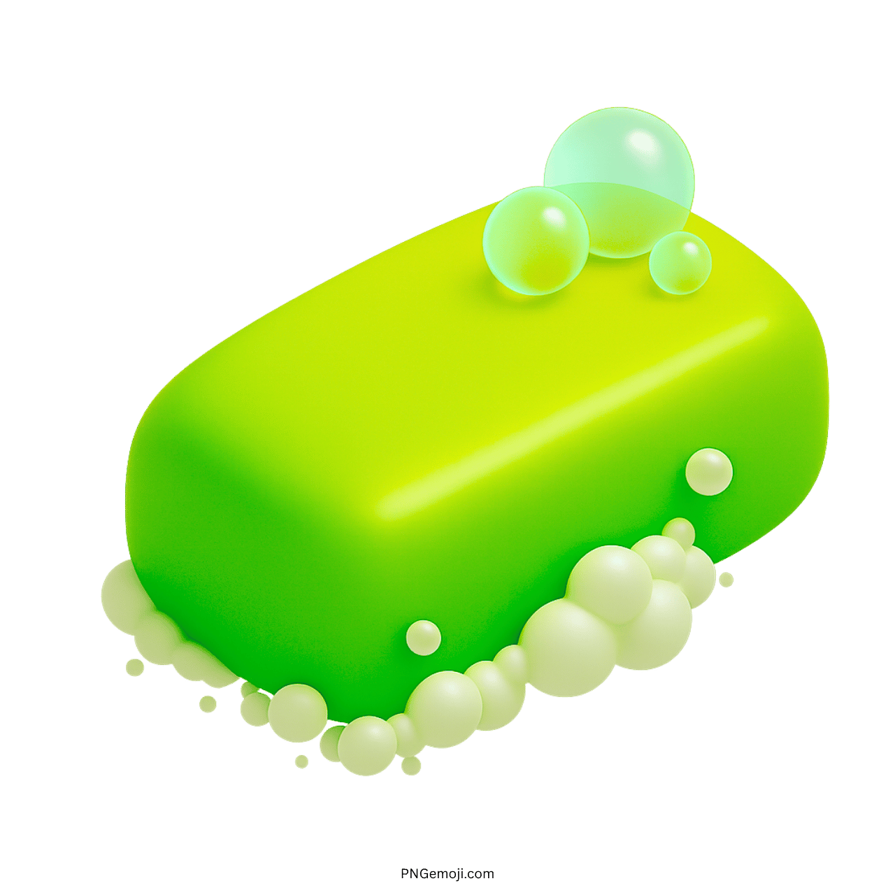 3D green soap bar emoji with floating bubbles on transparent background