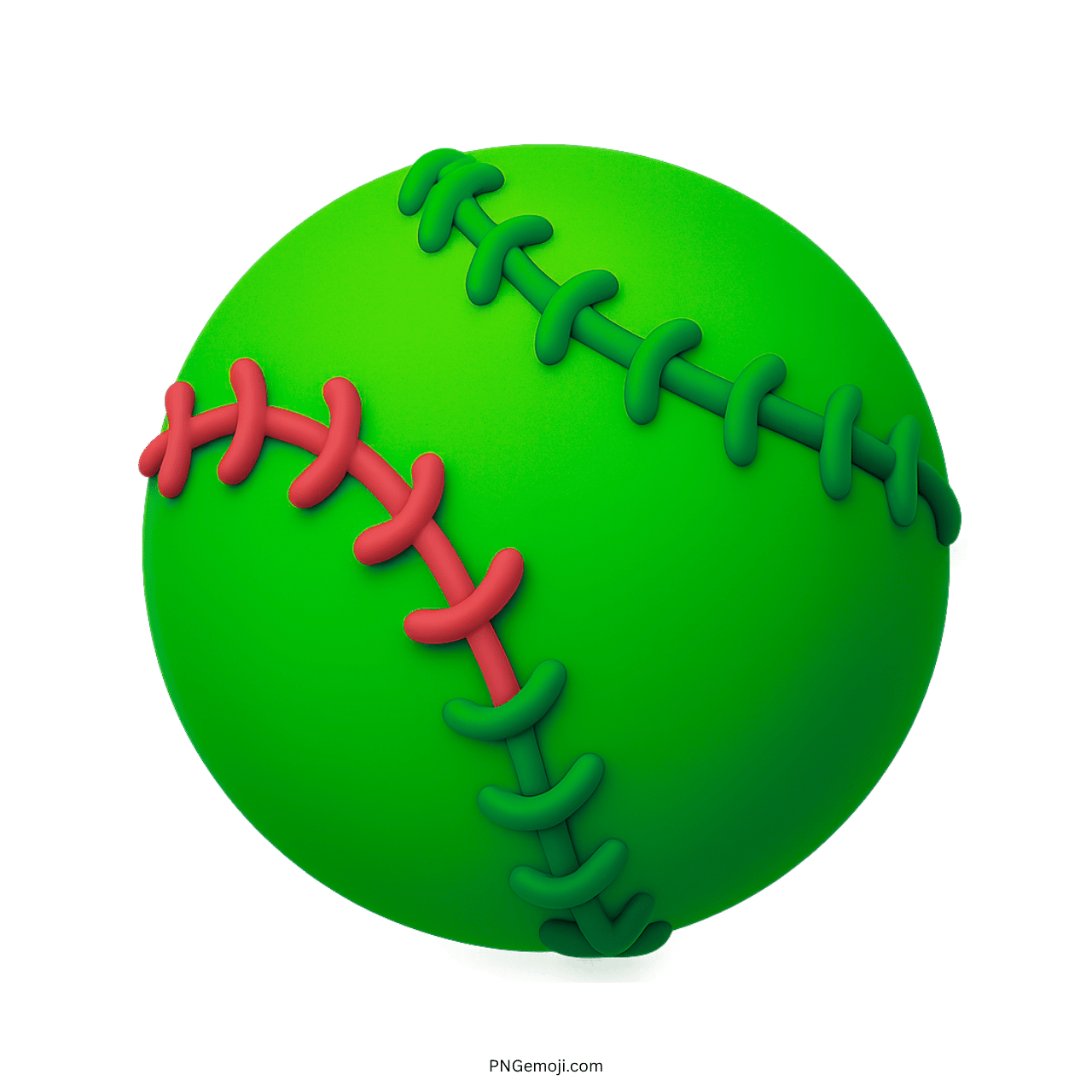 Green 3D softball emoji with red and green stitching on transparent background