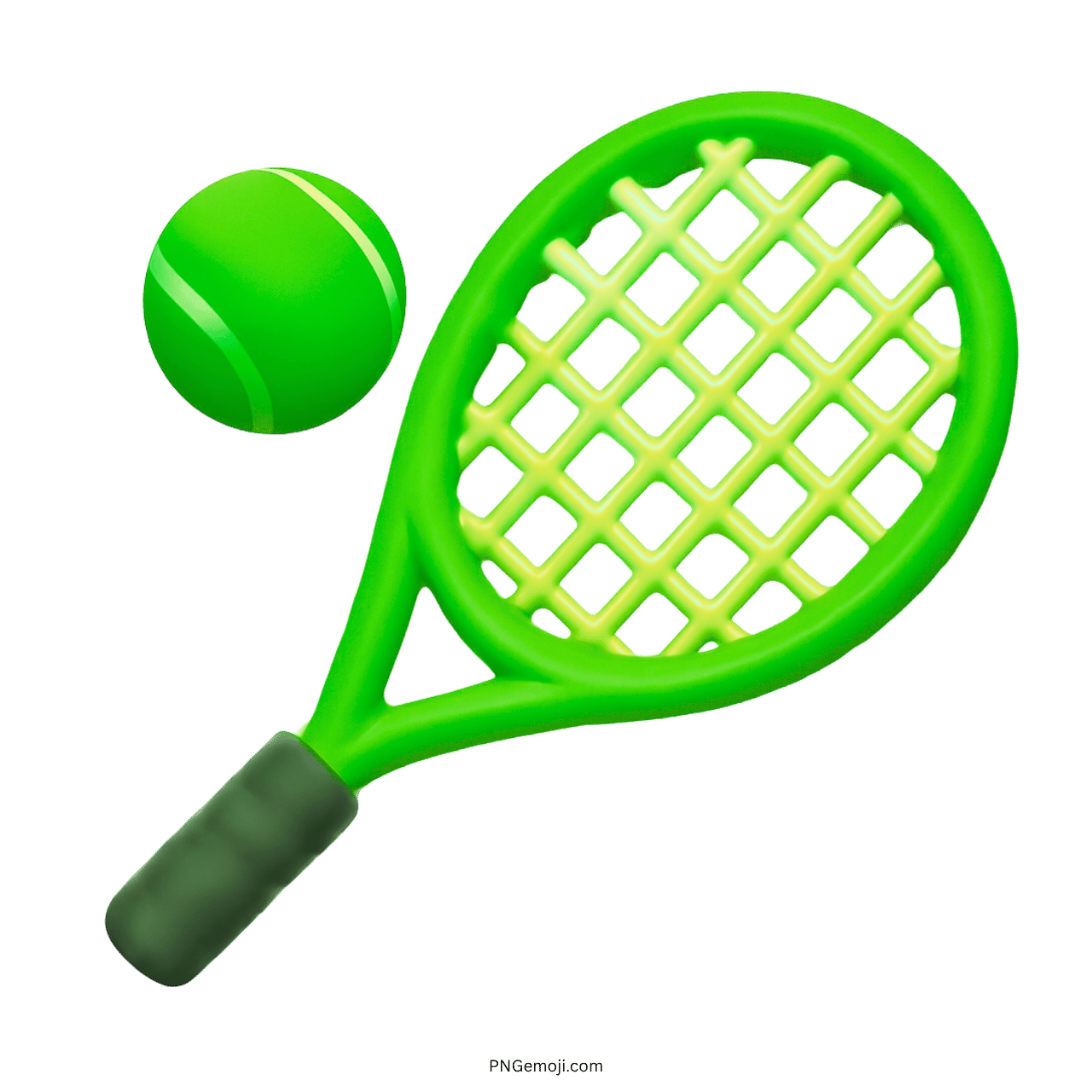 3D green tennis racket with ball emoji on transparent background for digital use